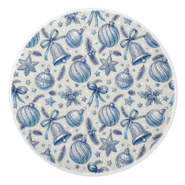 Blue Toile Christmas Ornaments, Bells & Ribbon Keramikknauf