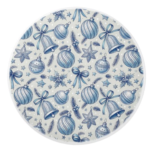 Blue Toile Christmas Ornaments, Bells & Ribbon Keramikknauf (Vorderseite)