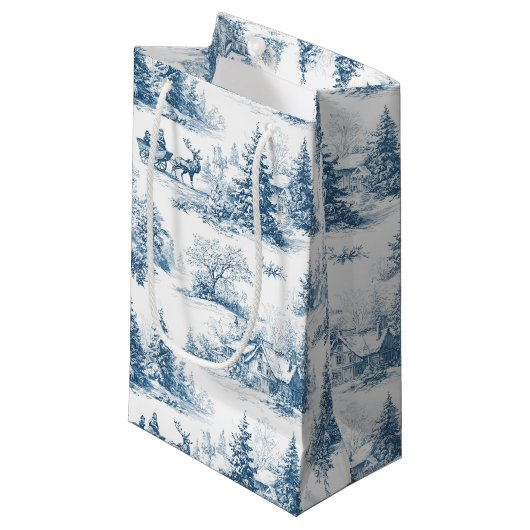 Blue Toile Christmas Pattern Kleine Geschenktüte (Vorderseite Schrägansicht)