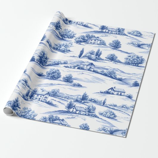 Blue Toile Countryside Scene (5) Geschenkpapier (Ungerollt)