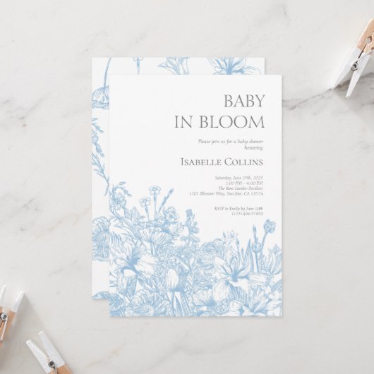 Blue Toile de Jouy Baby in Bloom Baby Showroom2 Einladung (Vorderseite/Rückseite Beispiel)