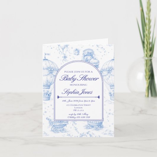 Blue Toile de Jouy Baby Shower Invitation Einladung (Vorderseite)