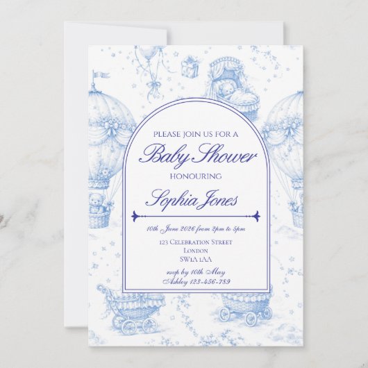 Blue Toile de Jouy Baby Shower Invitation Einladung (Vorderseite)