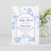 Blue Toile de Jouy Baby Shower Invitation Einladung (Stehend Vorderseite)