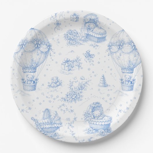 Blue Toile de Jouy Baby Shower Paper Plates Pappteller (Vorderseite)