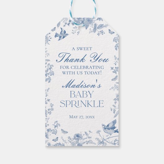Blue Toile De Jouy Baby Sprinkle Favoriten Geschenkanhänger (Rückseite)