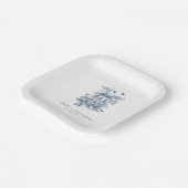 Blue Toile De Jouy Blumennamen Datum Hochzeit Pappteller (Gewinkelt)