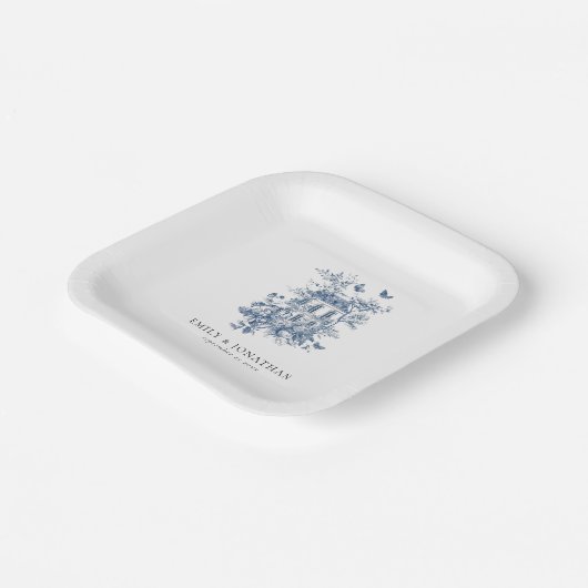 Blue Toile De Jouy Blumennamen Datum Hochzeit Pappteller (Gewinkelt)