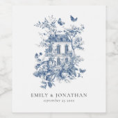 Blue Toile De Jouy Blumennamen Datum Hochzeit Weinetikett (Einzelnes Label)