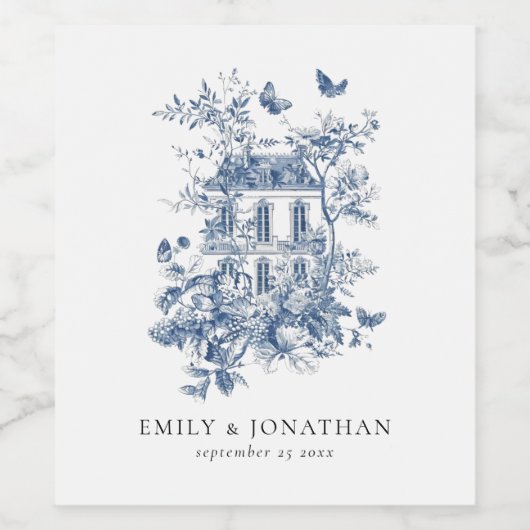 Blue Toile De Jouy Blumennamen Datum Hochzeit Weinetikett (Einzelnes Label)