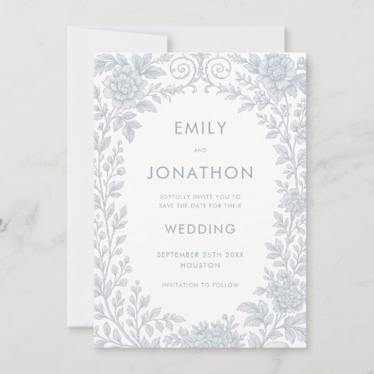 Blue Toile De Jouy Border Wedding Save the Date Einladung (Vorderseite)