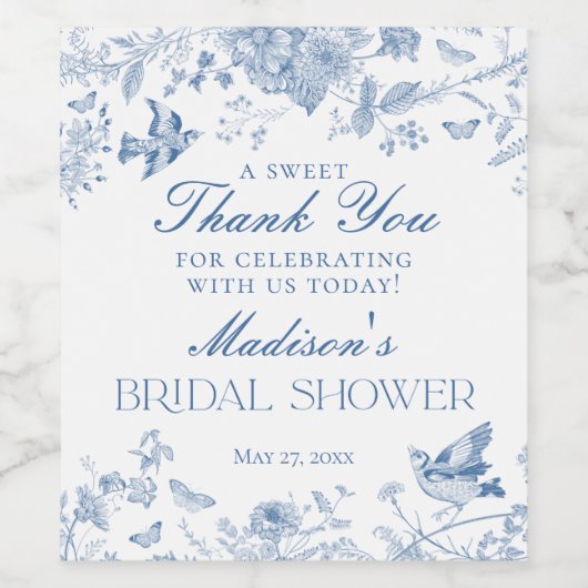 Blue Toile De Jouy Brautparty Favoriten Weinetikett (Einzelnes Label)