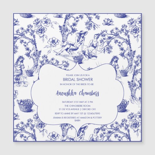 Blue Toile de Jouy Brautparty Magneteinladung (Vorderseite)