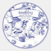 Blue Toile de Jouy Brautparty Runder Aufkleber (Vorderseite)