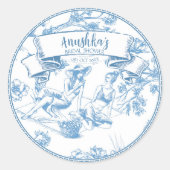 Blue Toile de Jouy Brautparty Runder Aufkleber (Vorderseite)