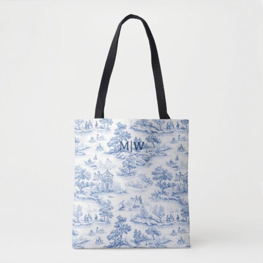 Blue Toile de Jouy Elegante Monogram im französisc Tasche (Vorderseite)