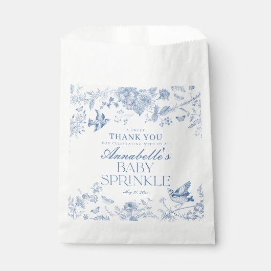 Blue Toile De Jouy Floral Baby Sprinkle Dessert Geschenktütchen (Vorderseite)