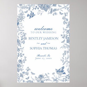 Blue Toile De Jouy Floral Wedding Willkommenszeich Poster