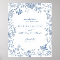 Blue Toile De Jouy Floral Wedding Willkommenszeich