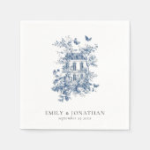 Blue Toile De Jouy Florals Name Datum Hochzeit Serviette (Vorderseite)