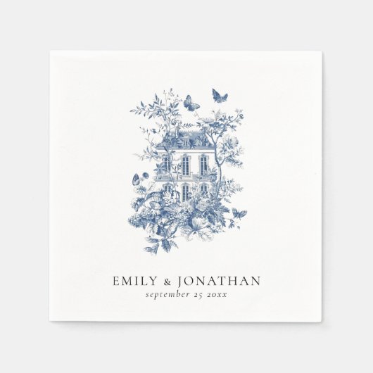 Blue Toile De Jouy Florals Name Datum Hochzeit Serviette (Vorderseite)