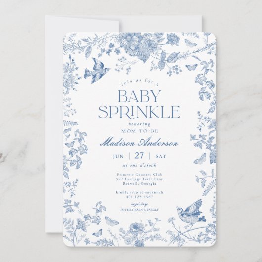 Blue Toile De Jouy French Floral Baby Sprinkle Einladung (Vorderseite)