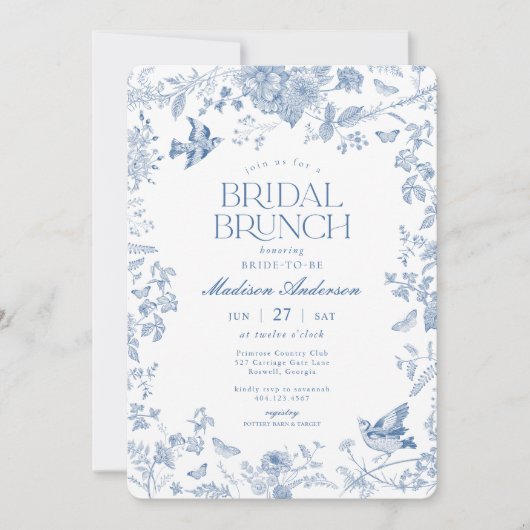 Blue Toile De Jouy French Floral Bridal Brunch Einladung (Vorderseite)