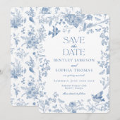 Blue Toile De Jouy French Floral Save the Date Einladung (Vorne/Hinten)