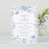 Blue Toile De Jouy French Floral Save the Date Einladung (Stehend Vorderseite)