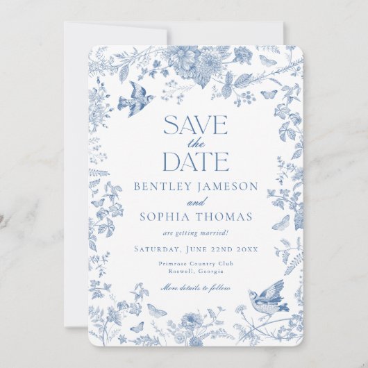 Blue Toile De Jouy French Floral Save the Date Einladung (Vorderseite)