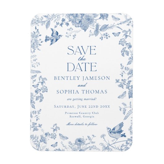 Blue Toile De Jouy French Floral Save the Date Magnet (Vertikal)