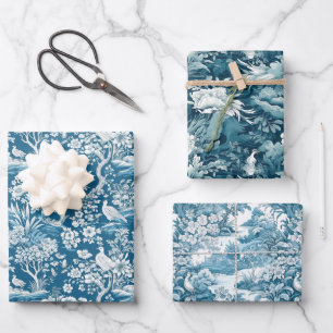Blue Toile de Jouy inspiriert Blumenkohl-Set von 3 Geschenkpapier Set