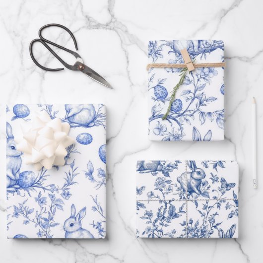Blue Toile De Jouy Osterhase Geschenkpapier Set (Vorderseite)