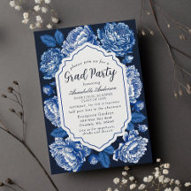 Blue Toile De Jouy Peony Classy Graduation Party