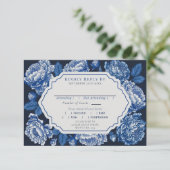 Blue Toile De Jouy Peony Wedding RSVP Begleitkarte (Stehend Vorderseite)