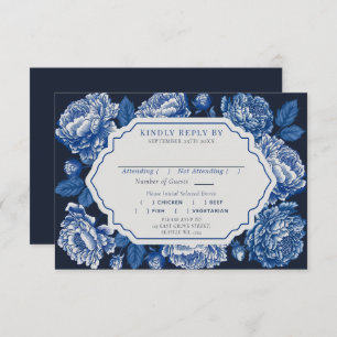 Blue Toile De Jouy Peony Wedding RSVP Begleitkarte