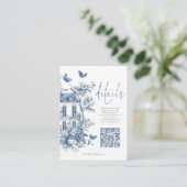 Blue Toile De Jouy QR Code Wedding Details Begleitkarte (Stehend Vorderseite)