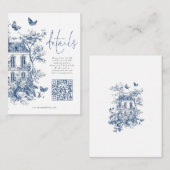 Blue Toile De Jouy QR Code Wedding Details Begleitkarte (Vorne/Hinten)