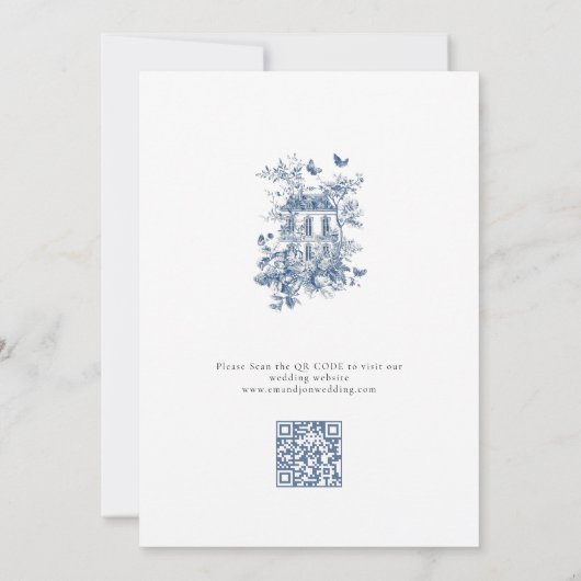 Blue Toile De Jouy QR Wedding Save the Date (Rückseite)