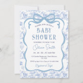 Blue Toile De Jouy Safari Animals Bow Baby Dusche Einladung (Vorderseite)