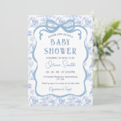 Blue Toile De Jouy Safari Animals Bow Baby Dusche Einladung (Stehend Vorderseite)