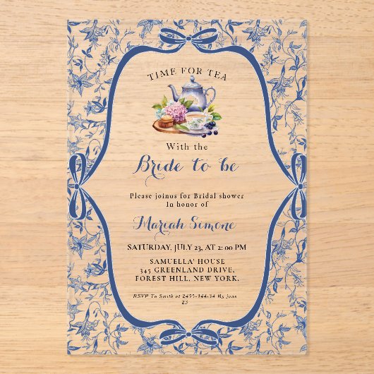 Blue Toile de jouy Tee Party Brautparty Acryleinladungen (Vorderseite)