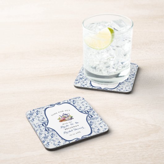 Blue Toile de jouy Tee Party Brautparty Getränkeuntersetzer (Rechte Seite)