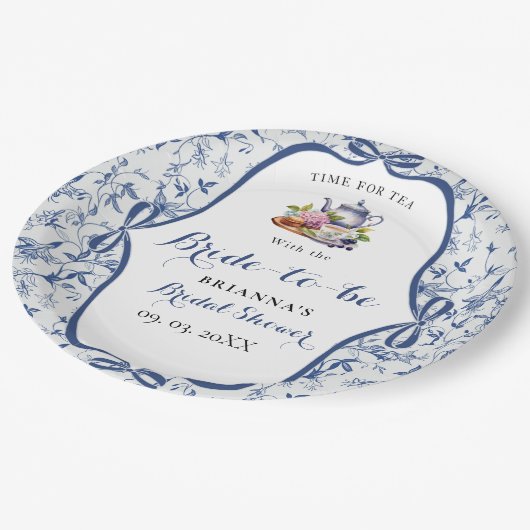 Blue Toile de jouy Tee Party Brautparty Pappteller (Schrägansicht)