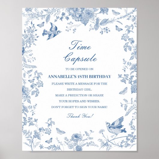 Blue Toile De Jouy Time Capsule Baby Birthday Game Poster (Vorne)