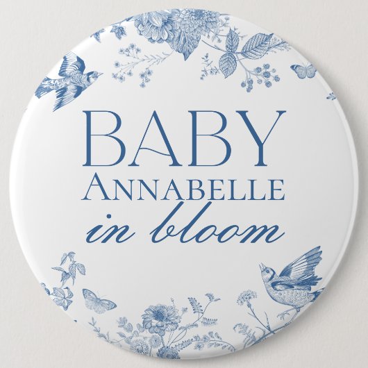 Blue Toile De Jouy Vintag Floral Baby Dusche Button (Vorderseite)