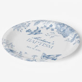 Blue Toile De Jouy Vintage Blumentaufe Pappteller (Schrägansicht)