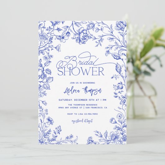 Blue Toile Elegantes Modernes Script-Brautparty Einladung (Stehend Vorderseite)