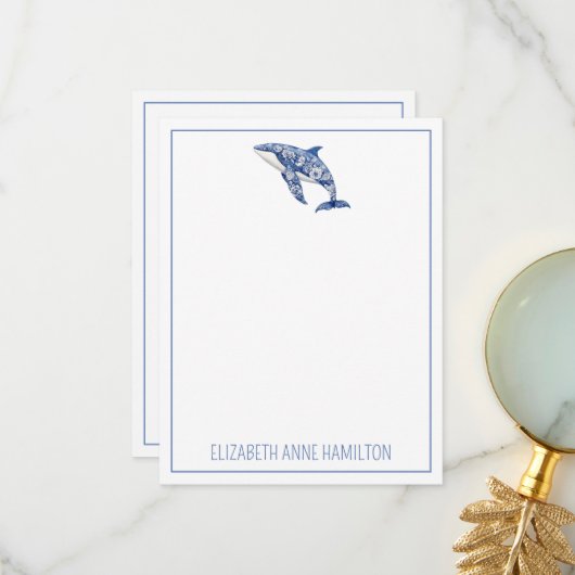 Blue Toile Floral Beach Dolphin Personalisiert Dankeskarte (Vorderseite/Rückseite Beispiel)