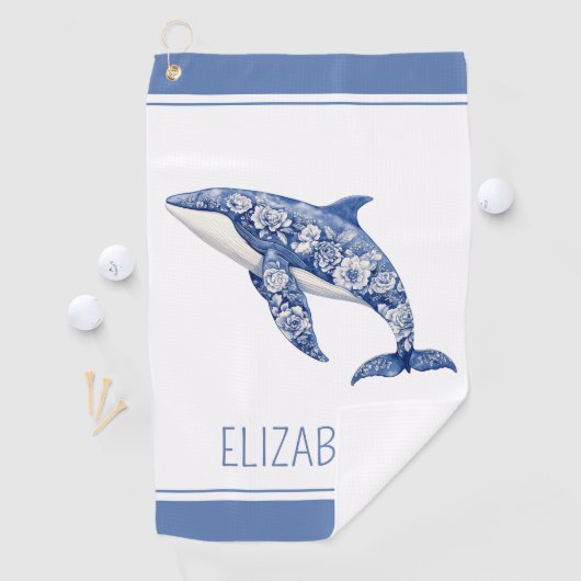 Blue Toile Floral Beach Dolphin Personalisiert Golfhandtuch (Insitu)
